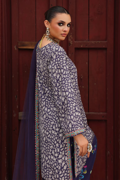 CMA-5-121A handcrafted lavender embroidered raw silk 3-piece suit with printed shalwar and poly net dupatta – festive Pakistani outfit at Pakistanimoda.com.