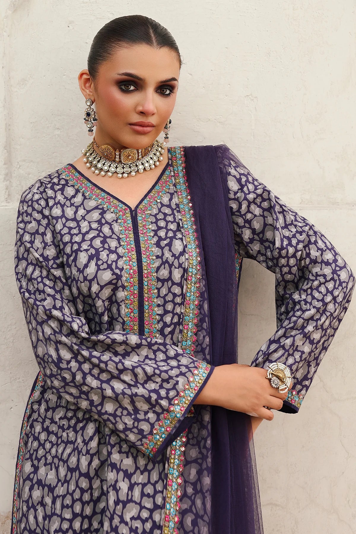 CMA-5-121A handcrafted lavender embroidered raw silk 3-piece suit with printed shalwar and poly net dupatta – festive Pakistani outfit at Pakistanimoda.com.
