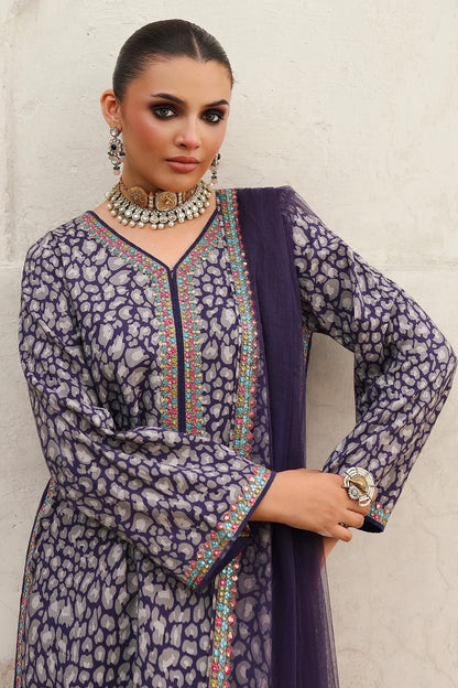 CMA-5-121A handcrafted lavender embroidered raw silk 3-piece suit with printed shalwar and poly net dupatta – festive Pakistani outfit at Pakistanimoda.com.
