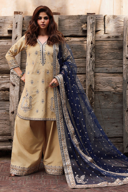 CMA-5-122A Charizma beige raw silk embroidered 3-piece suit with navy dupatta – Pakistanimoda Pret ’25.