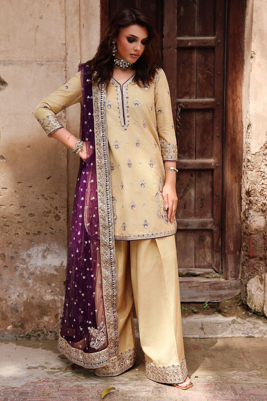 CMA-5-123A Charizma beige raw silk embroidered 3-piece suit with organza dupatta – Pakistanimoda Pret ’25.