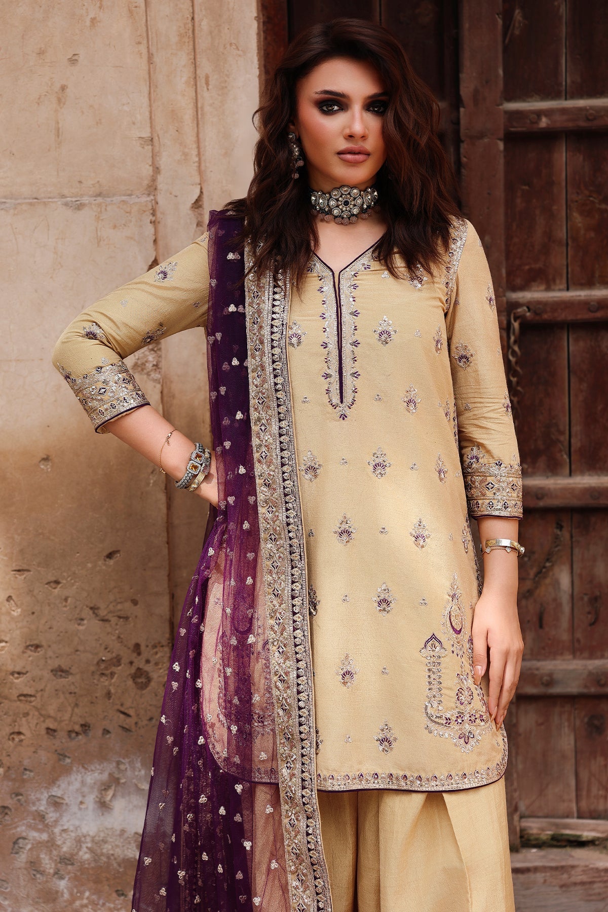 CMA-5-123A Charizma beige raw silk embroidered 3-piece suit with organza dupatta – Pakistanimoda Pret ’25.