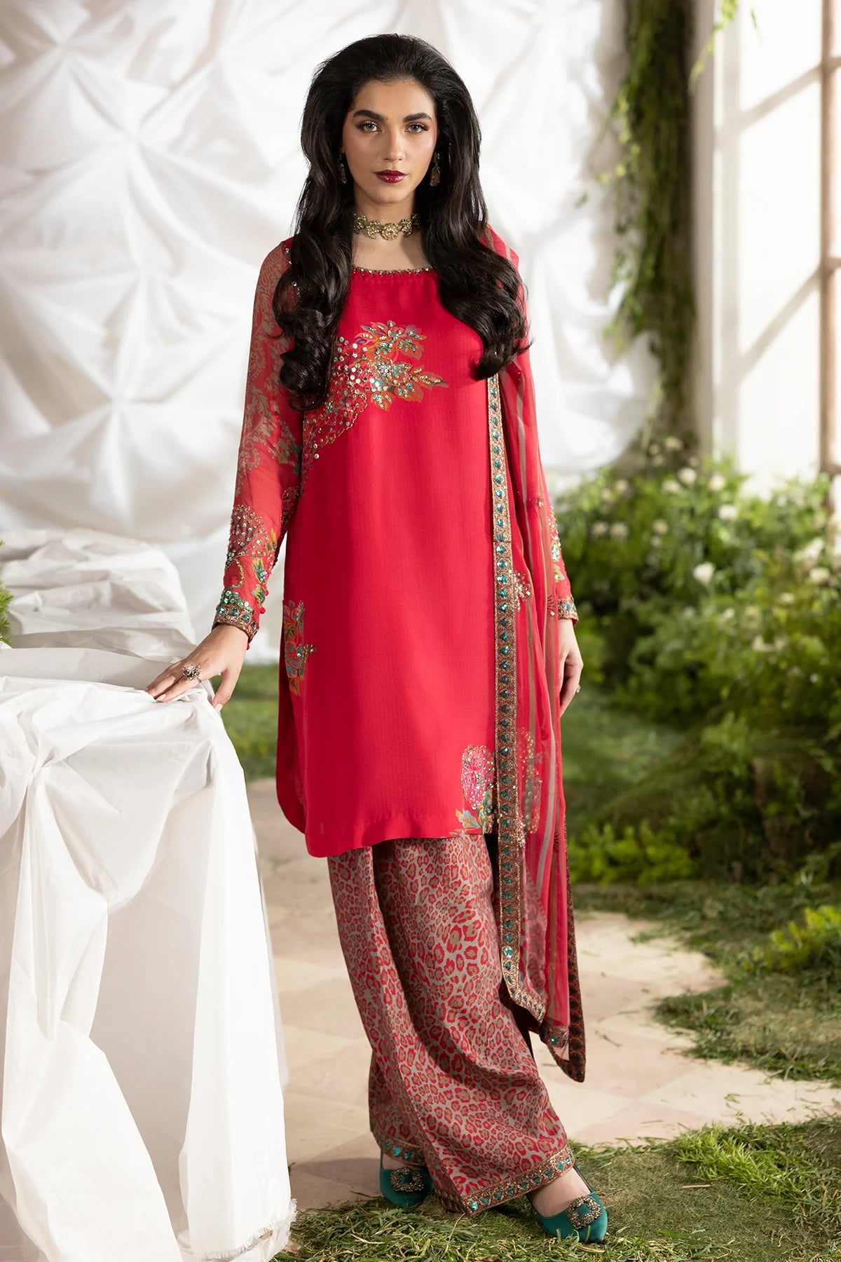 Charizma Mi-Amor red embroidered ready to wear 3-piece suit with printed raw silk trousers and chiffon dupatta.