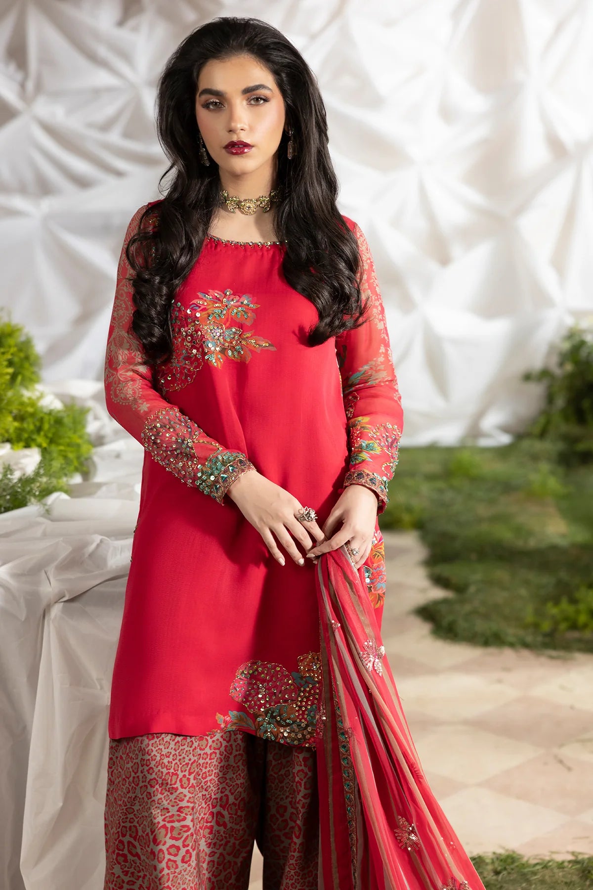 Charizma Mi-Amor red embroidered ready to wear 3-piece suit with printed raw silk trousers and chiffon dupatta.