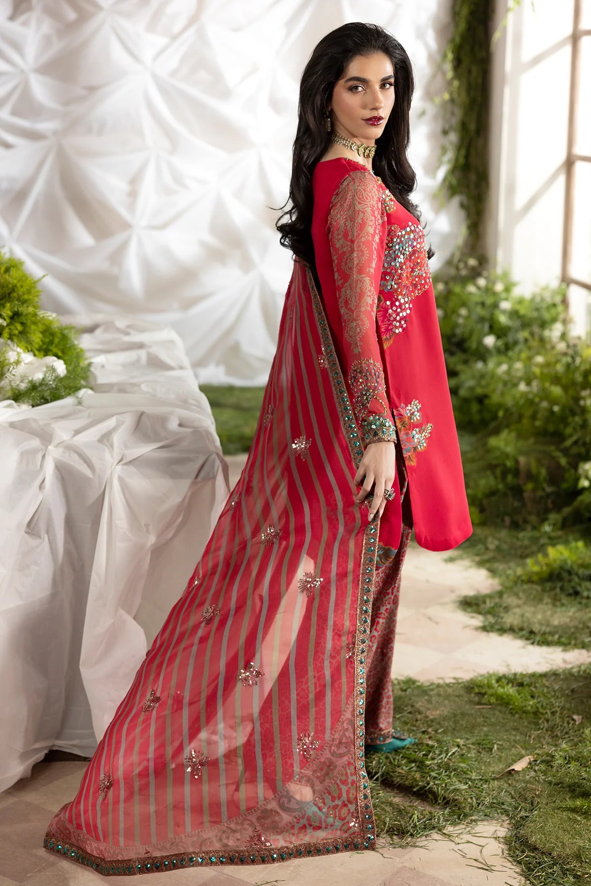 Charizma Mi-Amor red embroidered ready to wear 3-piece suit with printed raw silk trousers and chiffon dupatta.