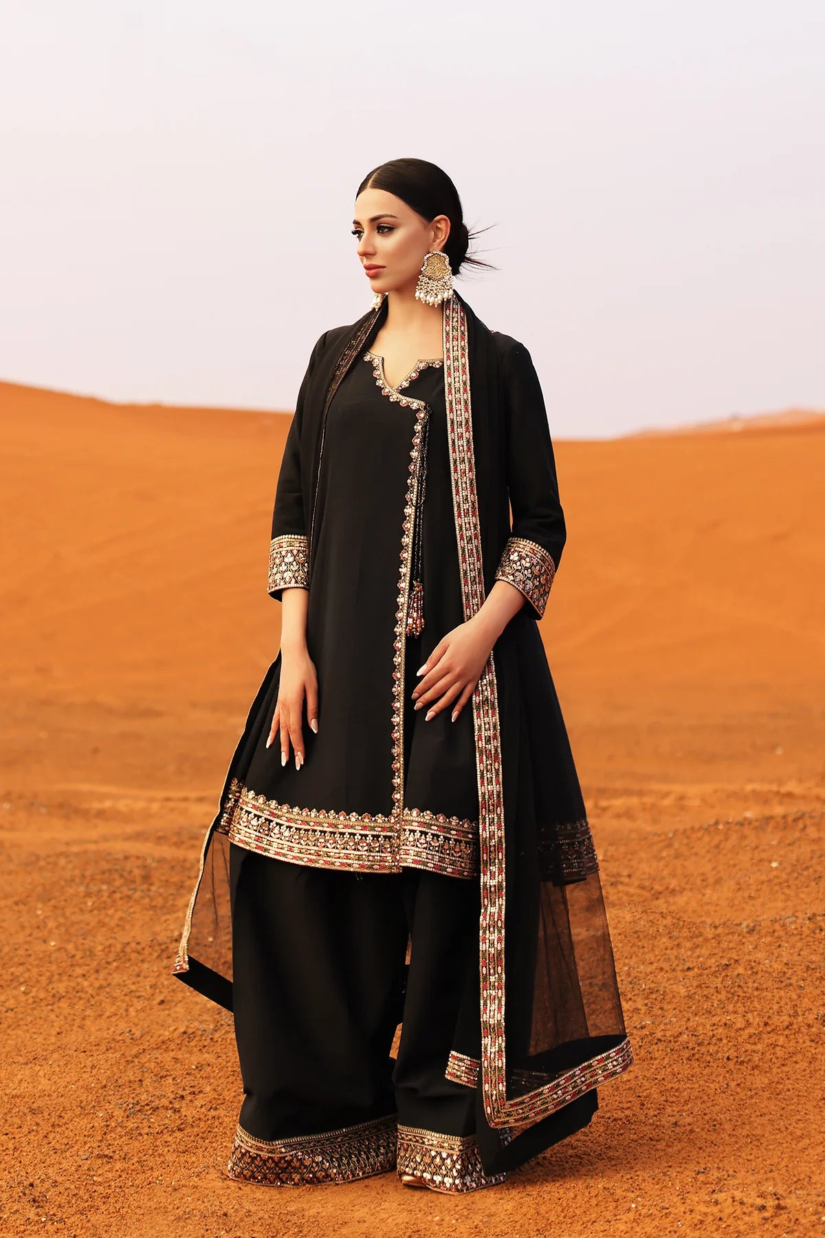CMA-5-130H – Charizma Mi-Amor Ready to Wear Black Raw Silk 3-piece angrakha style suit with embroidery, available at Pakistanimoda.com.