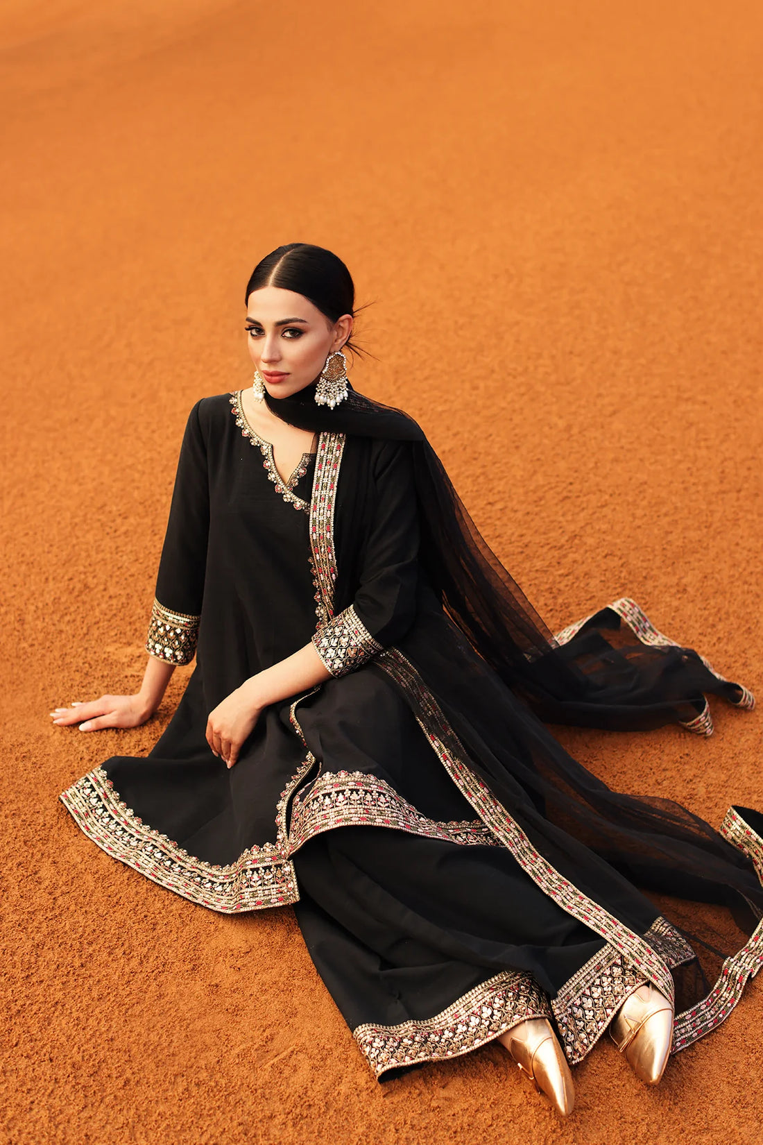 CMA-5-130H – Charizma Mi-Amor Ready to Wear Black Raw Silk 3-piece angrakha style suit with embroidery, available at Pakistanimoda.com.