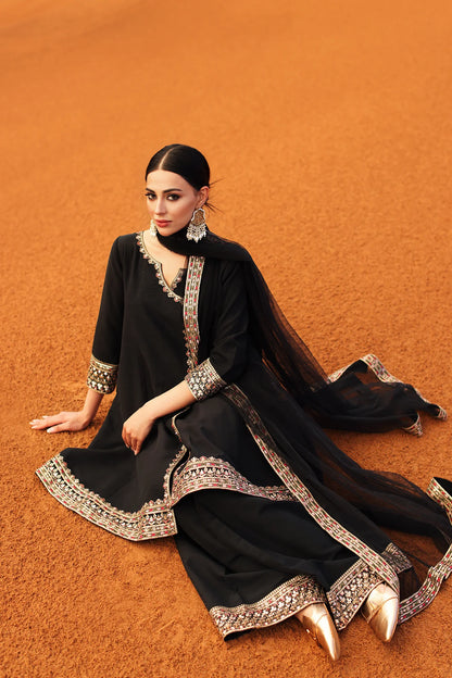 CMA-5-130H – Charizma Mi-Amor Ready to Wear Black Raw Silk 3-piece angrakha style suit with embroidery, available at Pakistanimoda.com.