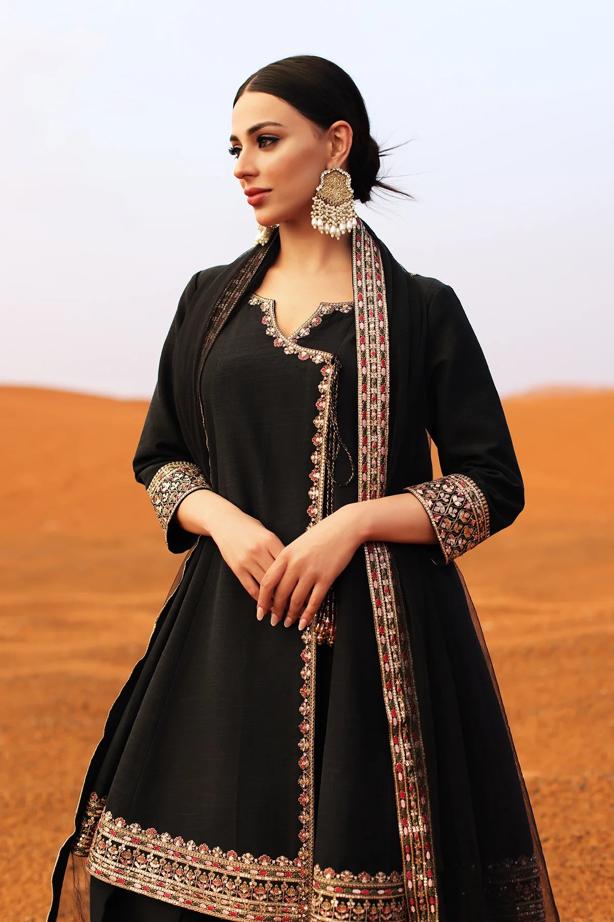 CMA-5-130H – Charizma Mi-Amor Ready to Wear Black Raw Silk 3-piece angrakha style suit with embroidery, available at Pakistanimoda.com.