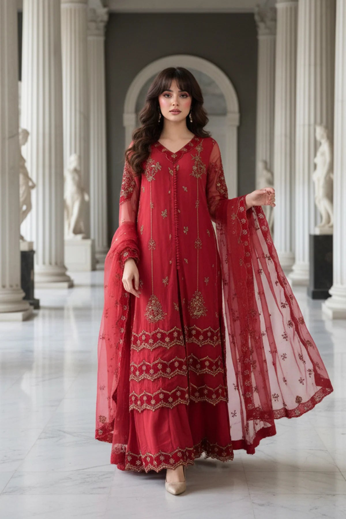 Charizma Mi-Amor CMA-5-132 red embroidered organza suit with raw silk trousers and organza dupatta at Pakistanimoda.