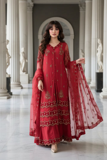 Charizma Mi-Amor CMA-5-132 red embroidered organza suit with raw silk trousers and organza dupatta at Pakistanimoda.