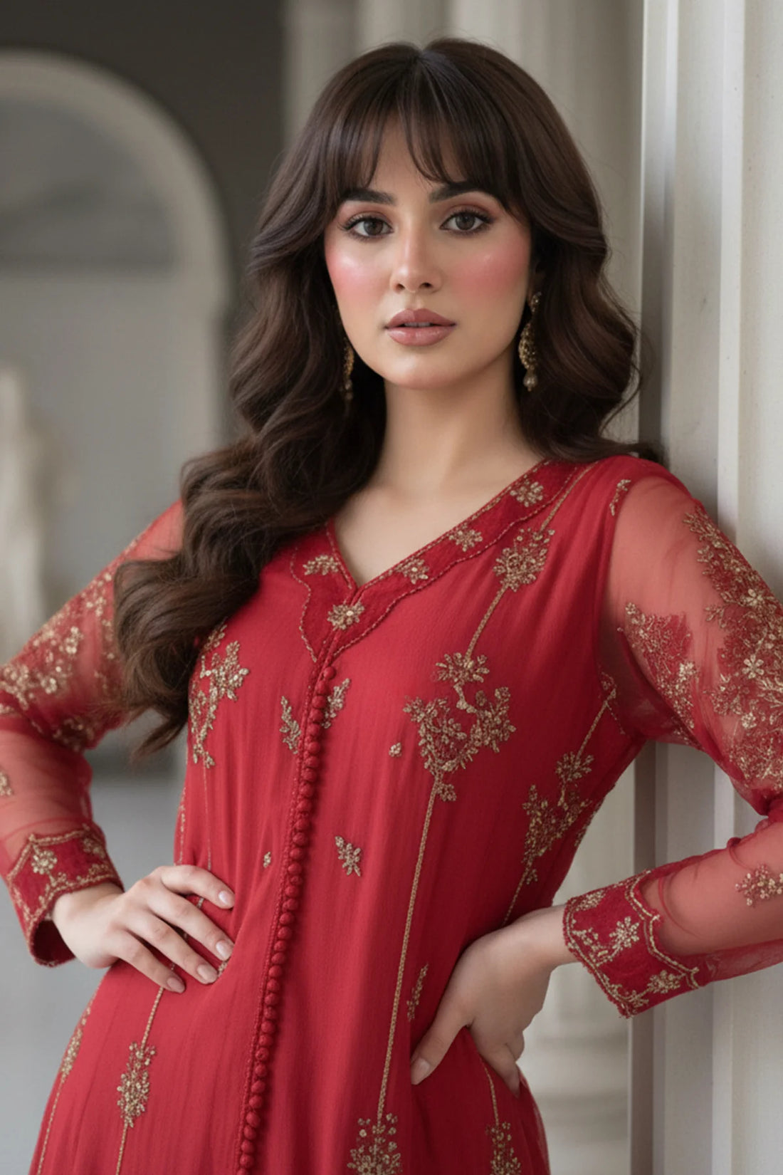 Charizma Mi-Amor CMA-5-132 red embroidered organza suit with raw silk trousers and organza dupatta at Pakistanimoda.