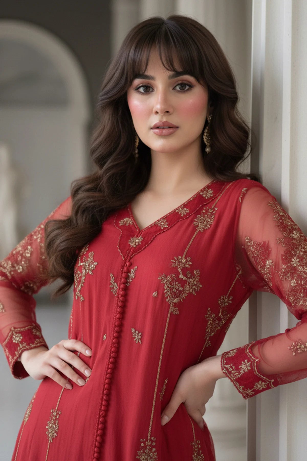 Charizma Mi-Amor CMA-5-132 red embroidered organza suit with raw silk trousers and organza dupatta at Pakistanimoda.