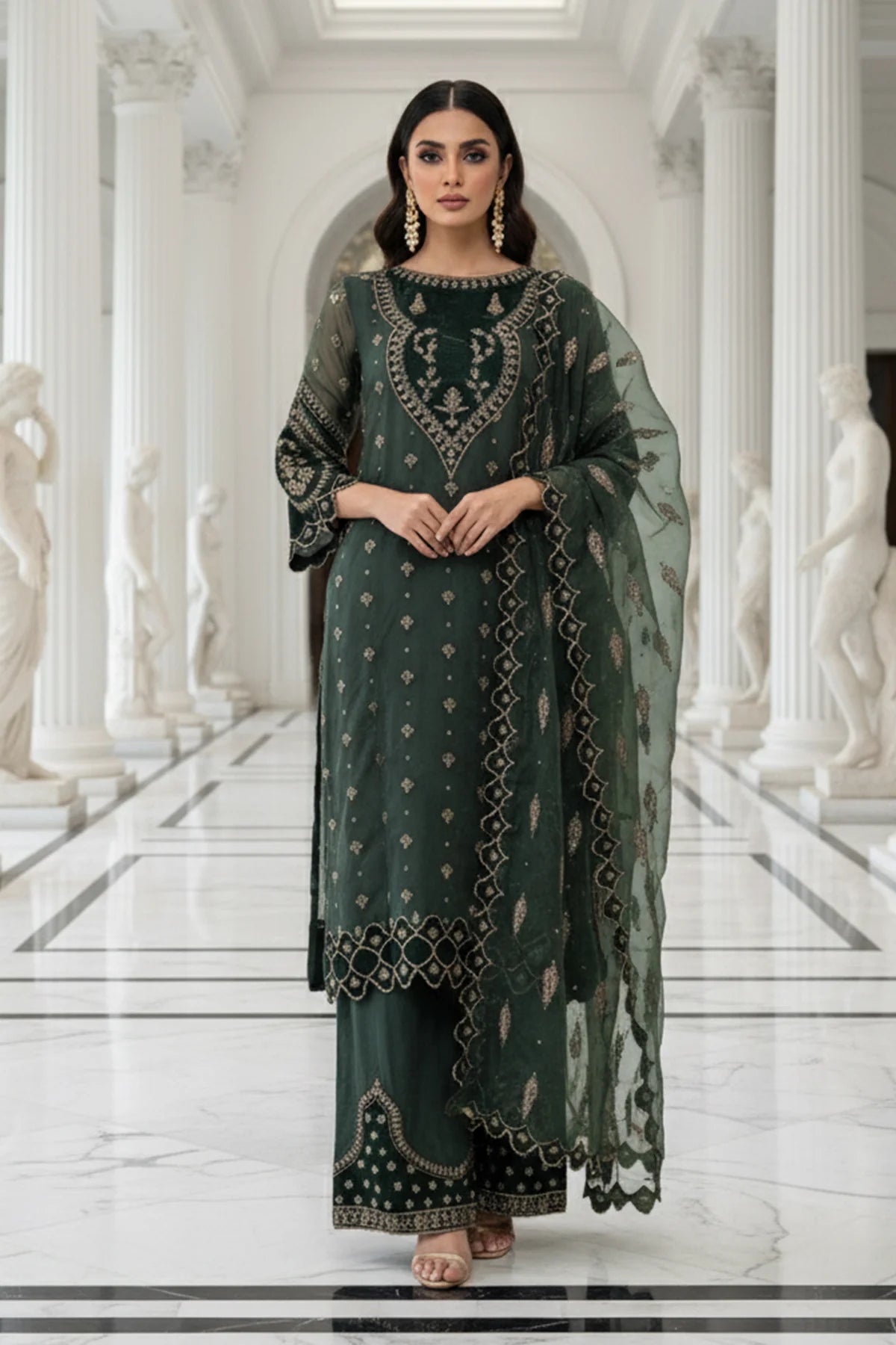 Charizma Mi-Amor CMA-5-133A dark green embroidered organza suit with raw silk trousers and organza dupatta at Pakistanimoda.
