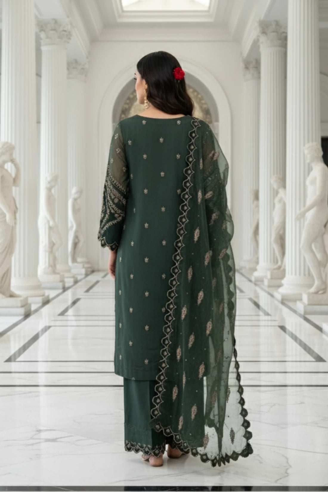 Charizma Mi-Amor CMA-5-133A dark green embroidered organza suit with raw silk trousers and organza dupatta at Pakistanimoda.