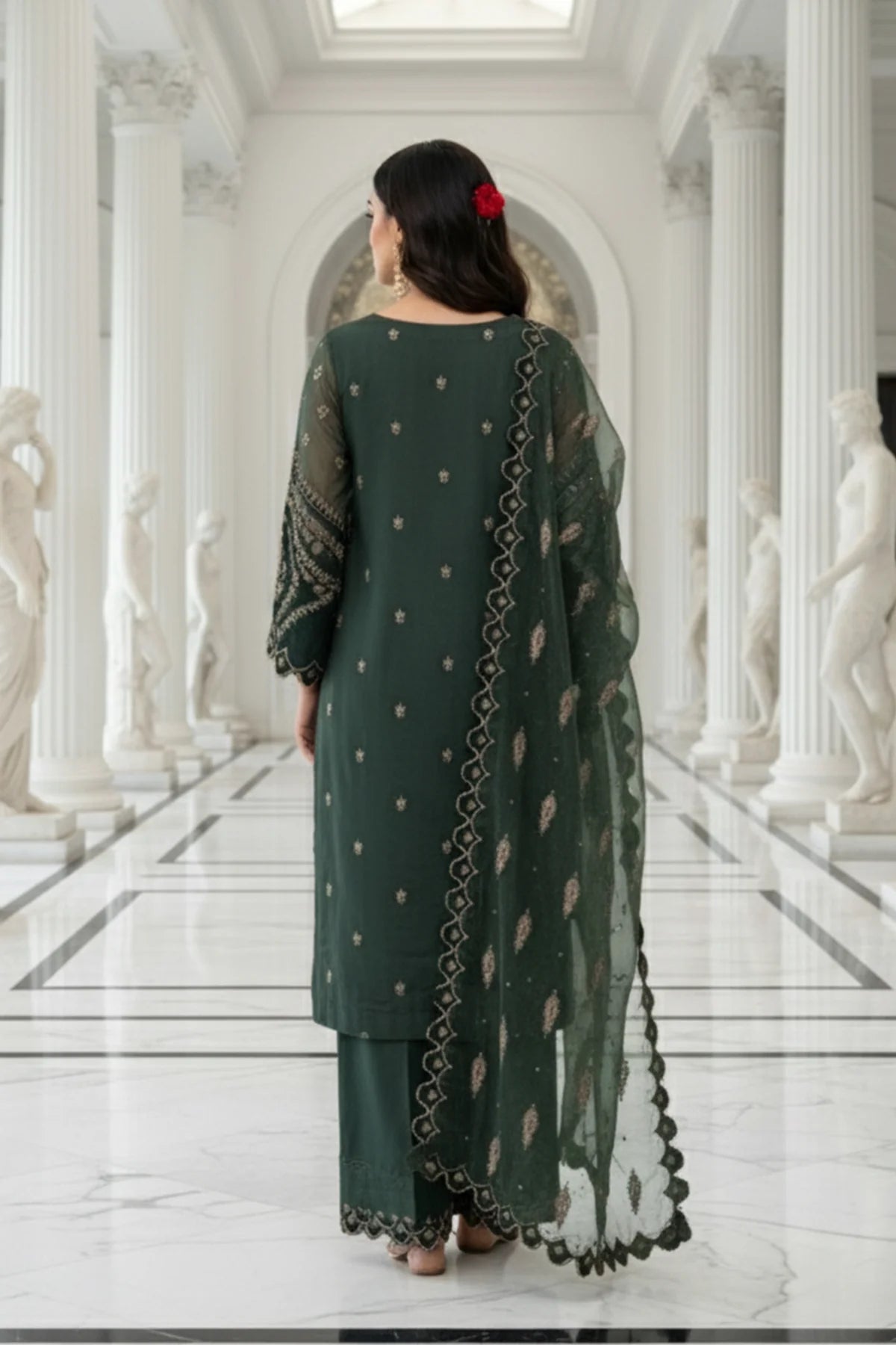 Charizma Mi-Amor CMA-5-133A dark green embroidered organza suit with raw silk trousers and organza dupatta at Pakistanimoda.