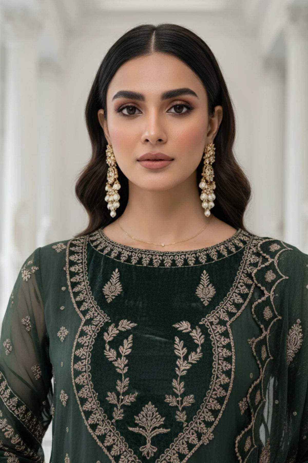 Charizma Mi-Amor CMA-5-133A dark green embroidered organza suit with raw silk trousers and organza dupatta at Pakistanimoda.