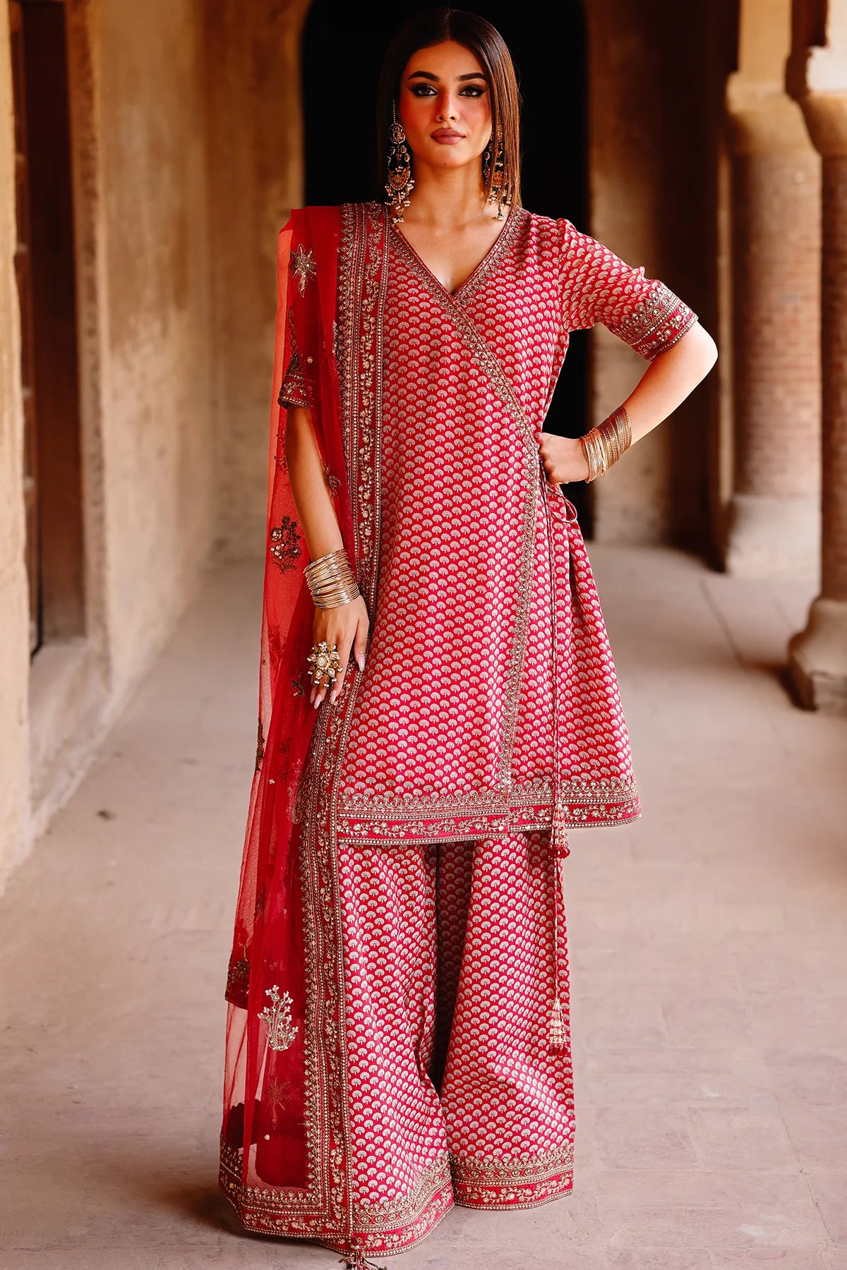 Charizma CMA-5-134A red angrakha chiffon suit with farshi shalwar