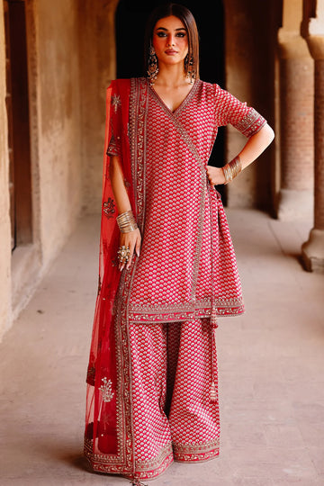 Charizma CMA-5-134A red angrakha chiffon suit with farshi shalwar