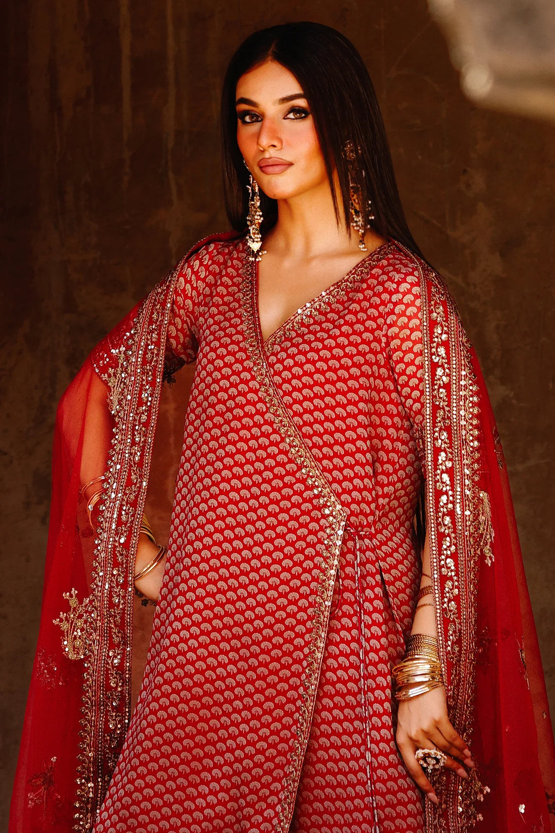 Charizma CMA-5-134A red angrakha chiffon suit with farshi shalwar