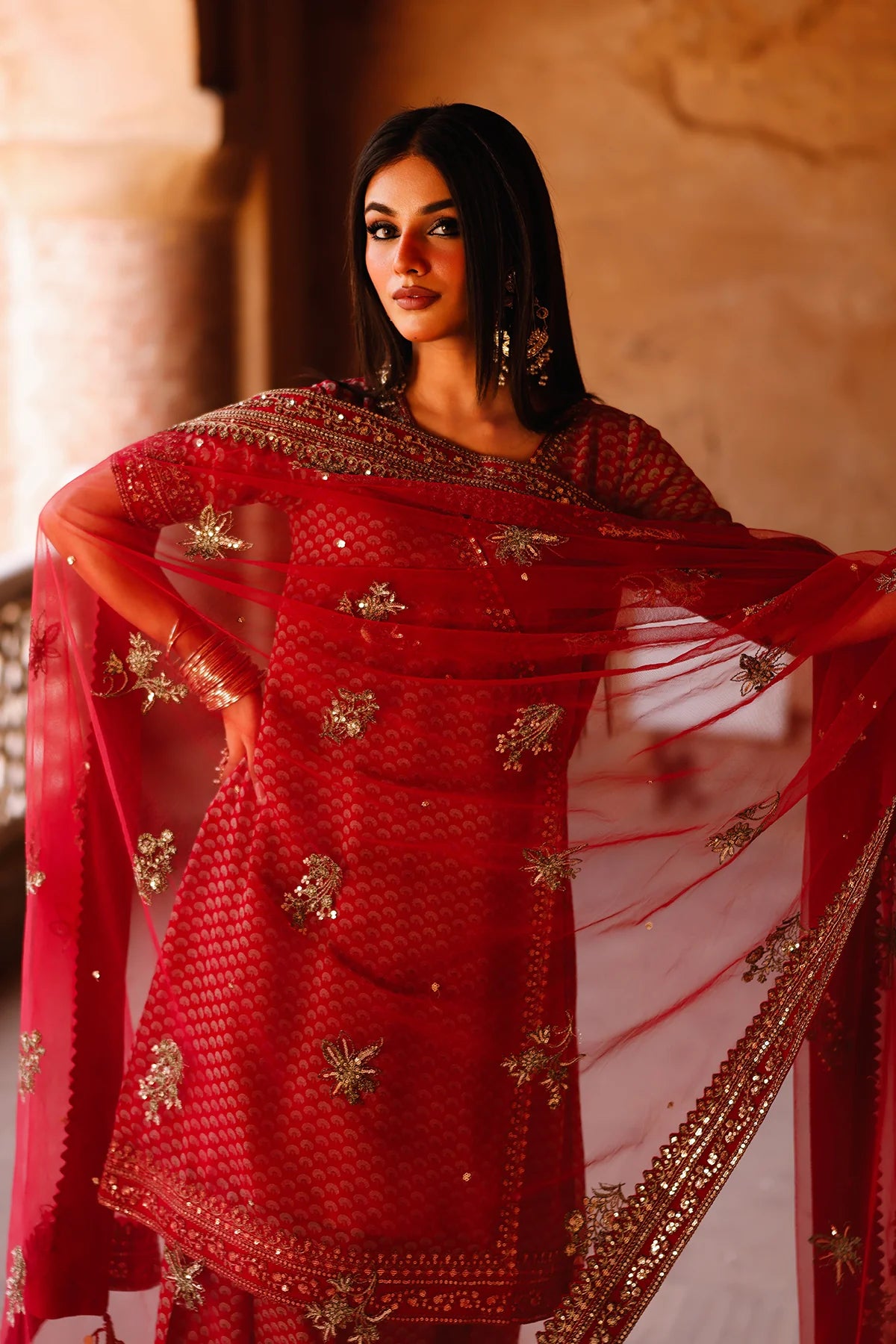 Charizma CMA-5-134A red angrakha chiffon suit with farshi shalwar