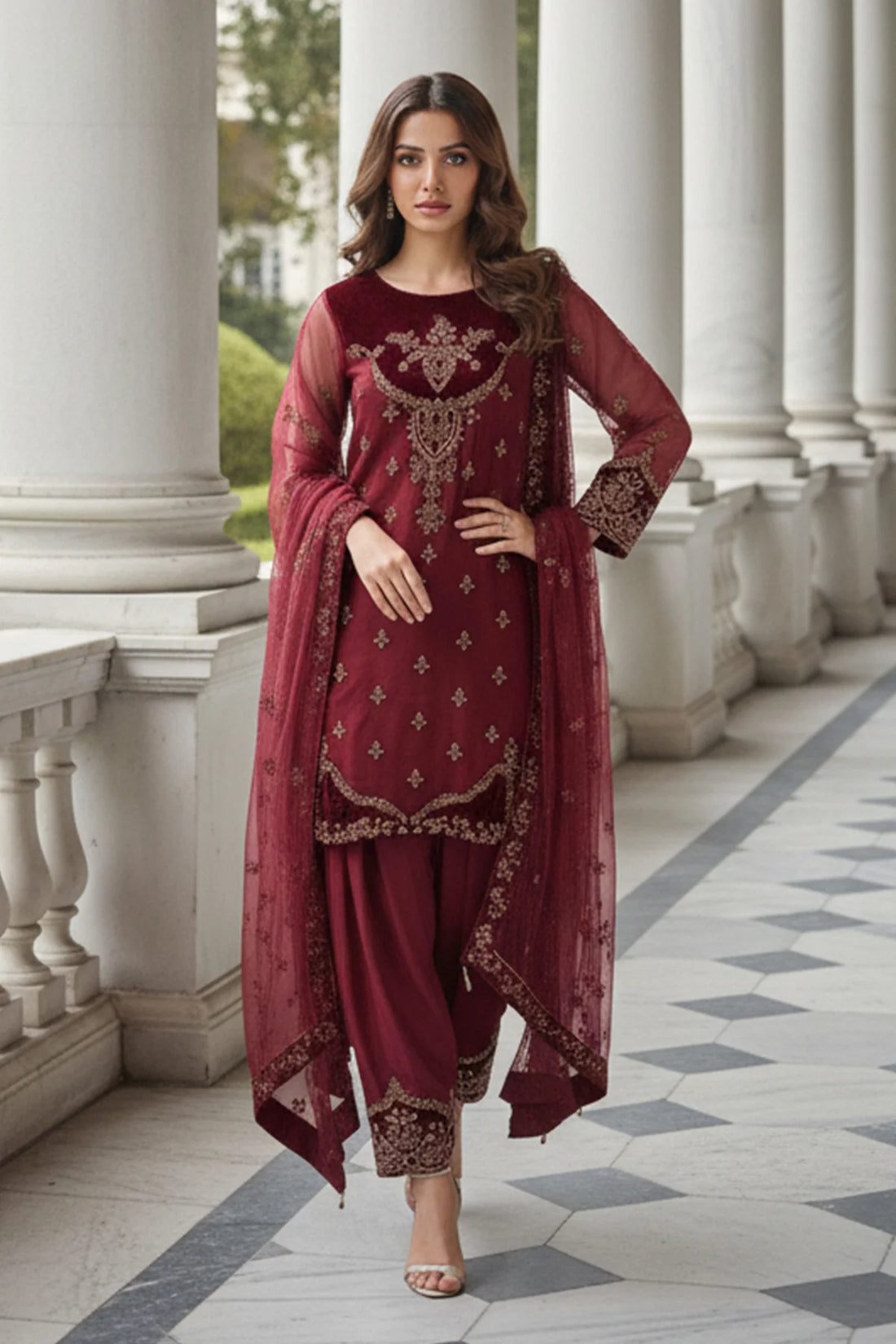 Charizma Mi-Amor CMA-5-135A maroon embroidered organza suit with velvet accents and raw silk trousers, available at Pakistanimoda worldwide.