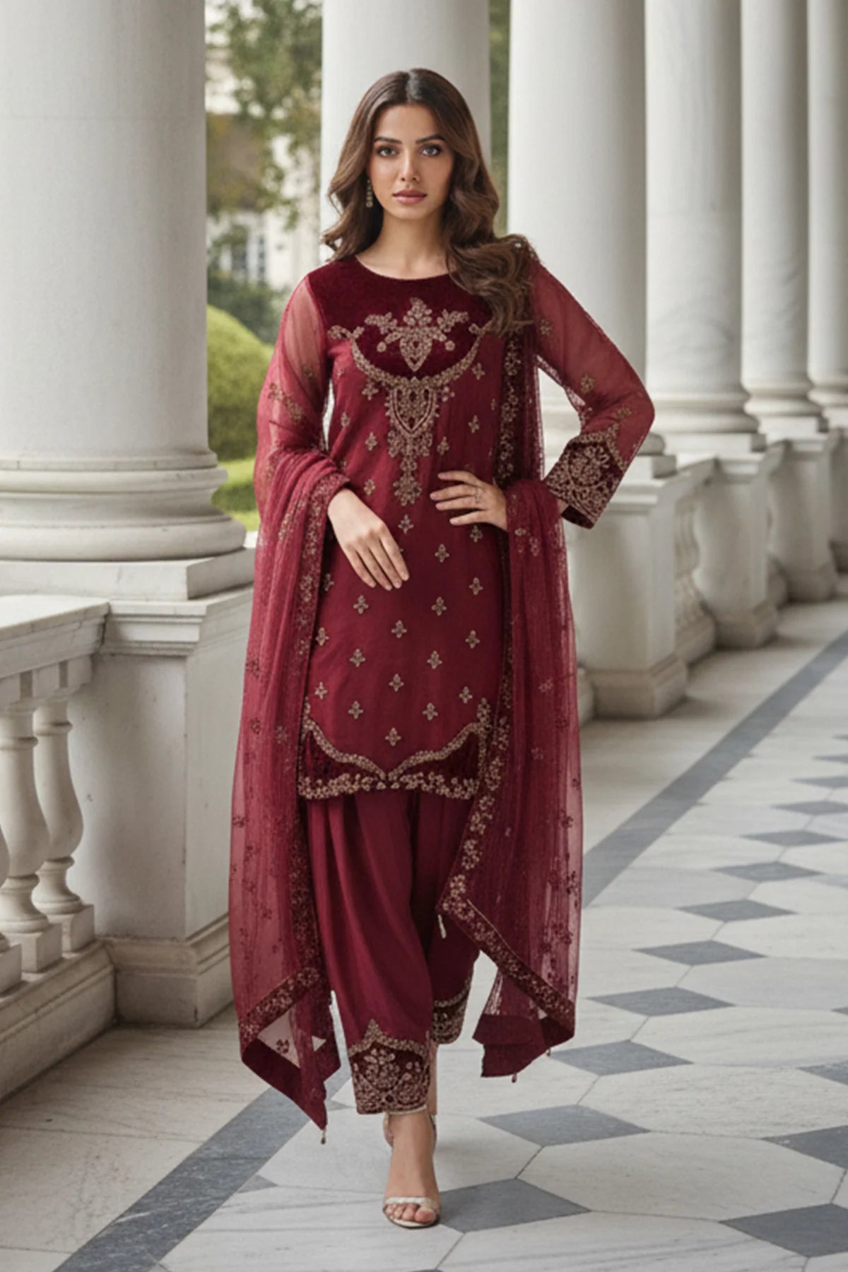 Charizma Mi-Amor CMA-5-135A maroon embroidered organza suit with velvet accents and raw silk trousers, available at Pakistanimoda worldwide.
