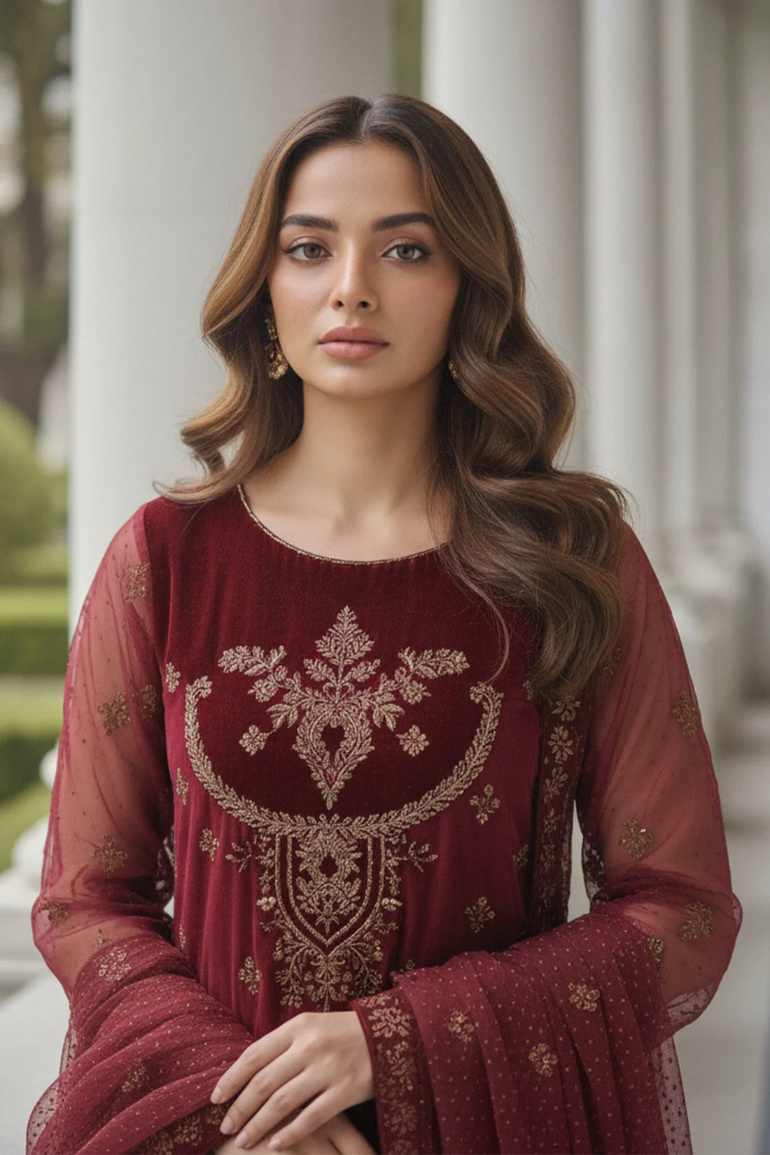 Charizma Mi-Amor CMA-5-135A maroon embroidered organza suit with velvet accents and raw silk trousers, available at Pakistanimoda worldwide.