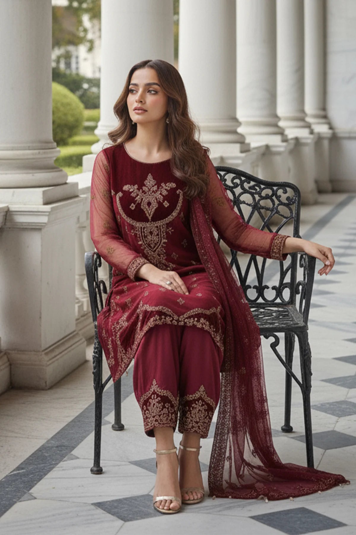 Charizma Mi-Amor CMA-5-135A maroon embroidered organza suit with velvet accents and raw silk trousers, available at Pakistanimoda worldwide.