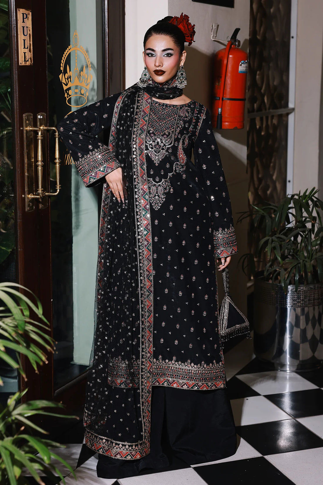CMA-5-136A – Charizma Mi-Amor Black Raw Silk Embroidered 3PC Suit with dupatta and trouser, available at Pakistanimoda online.