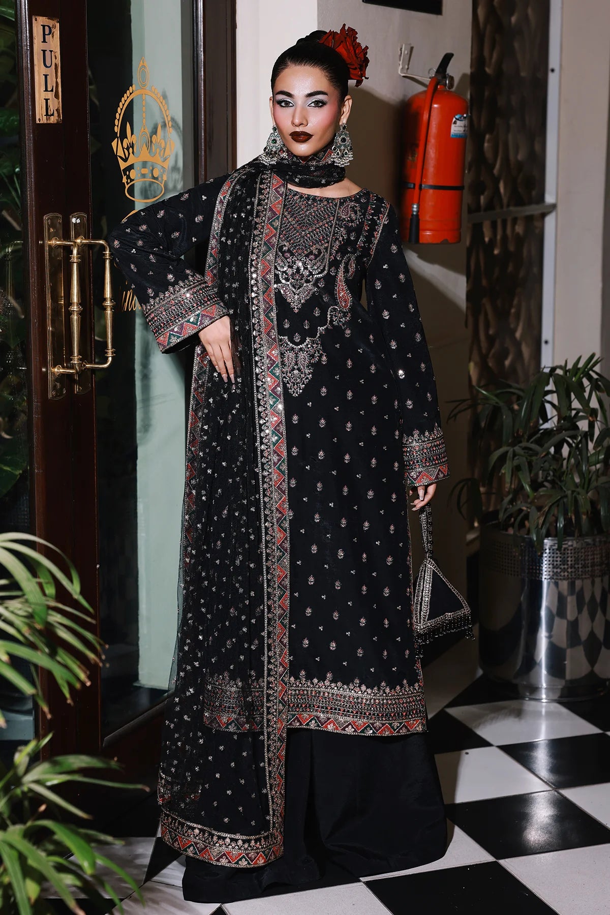CMA-5-136A – Charizma Mi-Amor Black Raw Silk Embroidered 3PC Suit with dupatta and trouser, available at Pakistanimoda online.