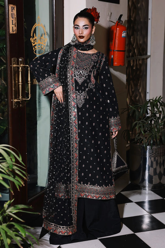 CMA-5-136A – Charizma Mi-Amor Black Raw Silk Embroidered 3PC Suit with dupatta and trouser, available at Pakistanimoda online.