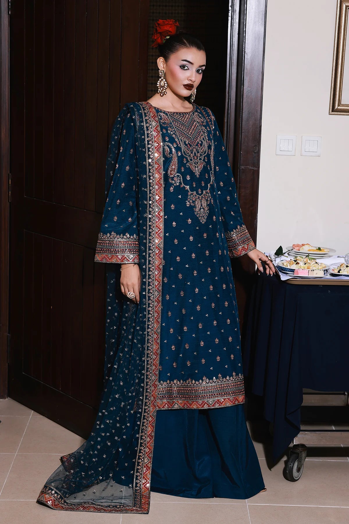 CMA-5-137A – Charizma Mi-Amor Blue Raw Silk 3PC Embroidered Suit with dupatta and trouser, available online at Pakistanimoda.