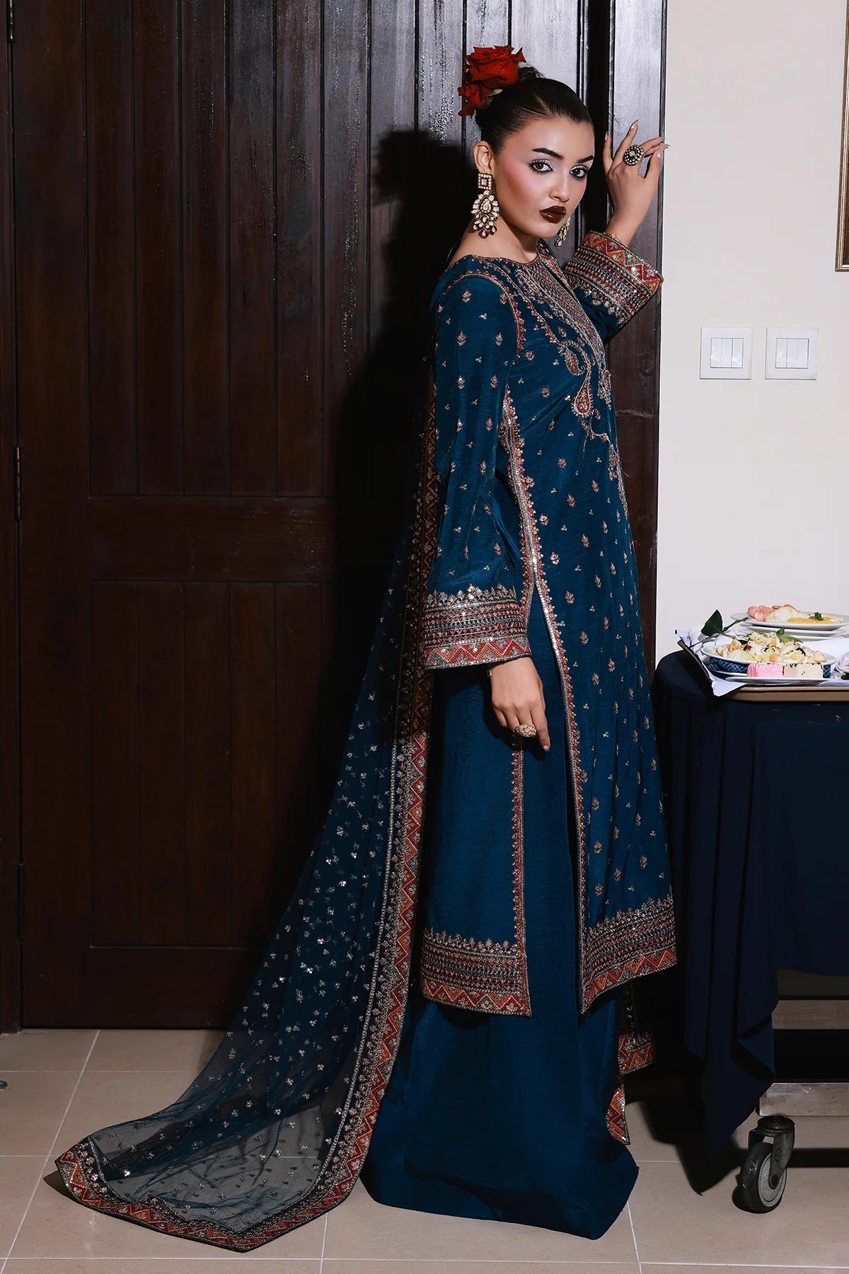 CMA-5-137A – Charizma Mi-Amor Blue Raw Silk 3PC Embroidered Suit with dupatta and trouser, available online at Pakistanimoda.