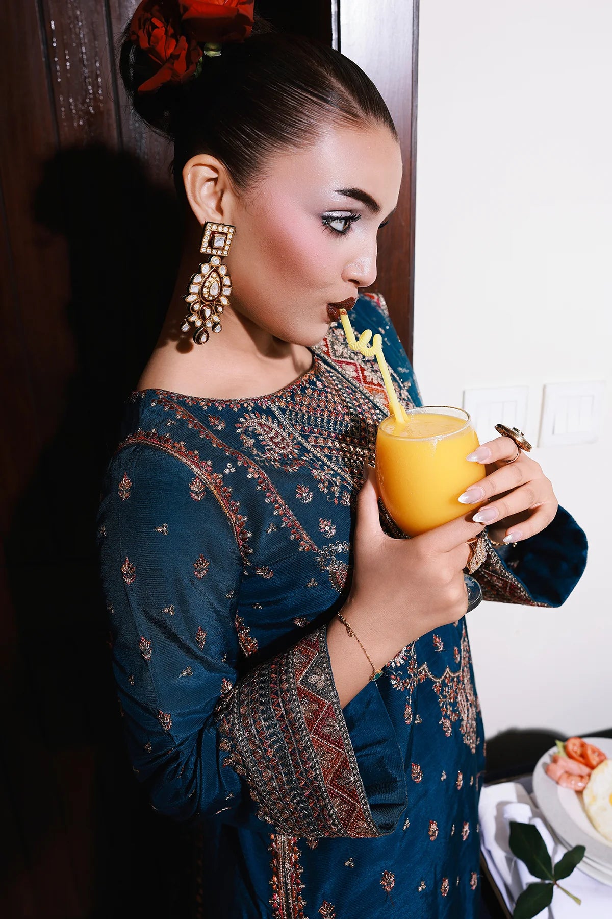 CMA-5-137A – Charizma Mi-Amor Blue Raw Silk 3PC Embroidered Suit with dupatta and trouser, available online at Pakistanimoda.