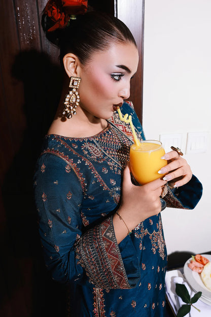 CMA-5-137A – Charizma Mi-Amor Blue Raw Silk 3PC Embroidered Suit with dupatta and trouser, available online at Pakistanimoda.