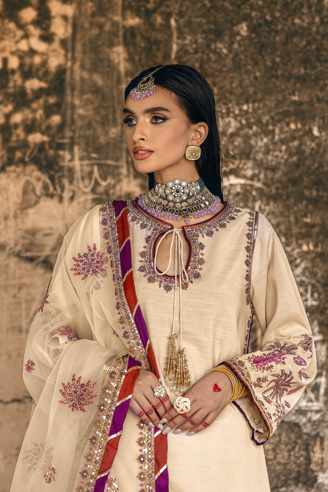 CMA-5-137 festive skin raw silk embroidered suit Charizma Pret’25