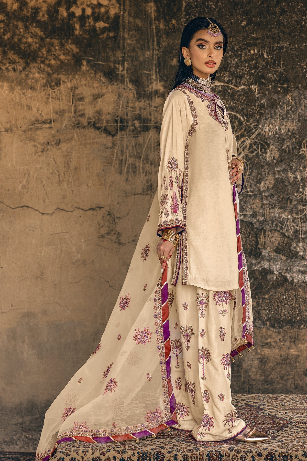 CMA-5-137 festive skin raw silk embroidered suit Charizma Pret’25