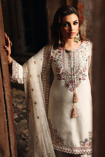 CMA-5-141M Off-White Charizma Designer Raw Silk 3PC Embroidered Ensemble with Net Dupatta – Pakistanimoda