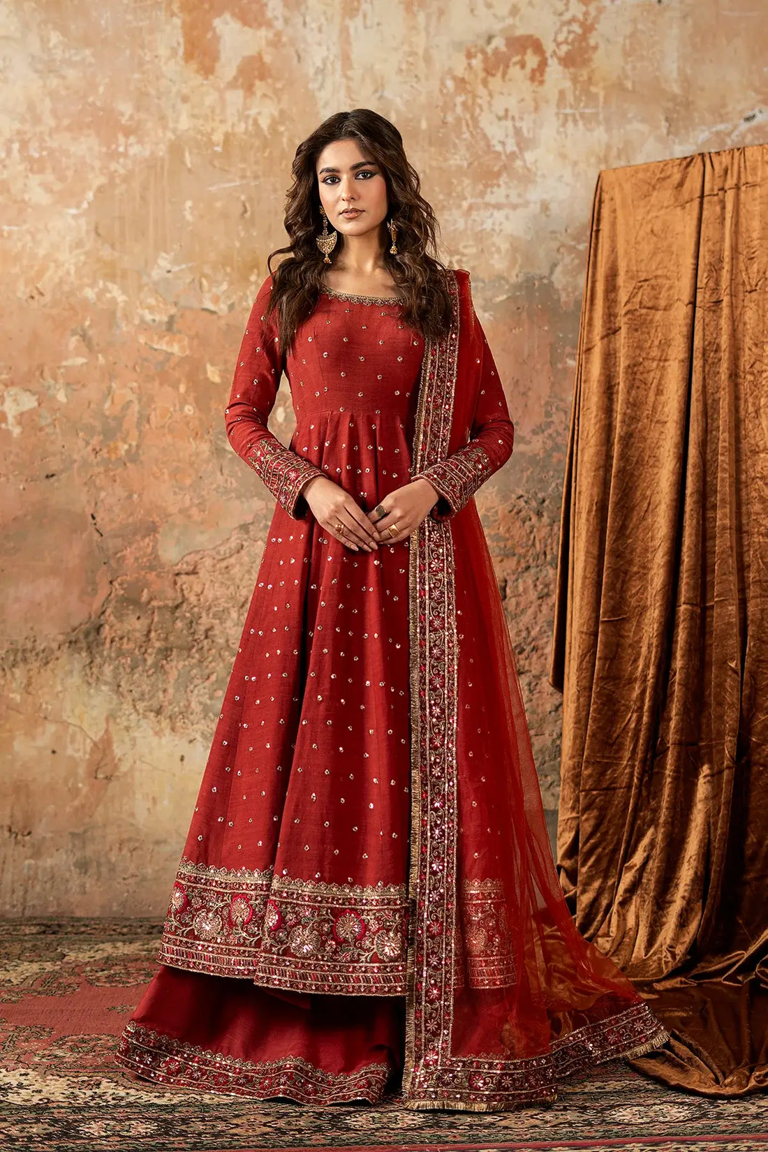 Charizma CMA-5-143 rust silk hand-embellished pishwas with sharara and net dupatta