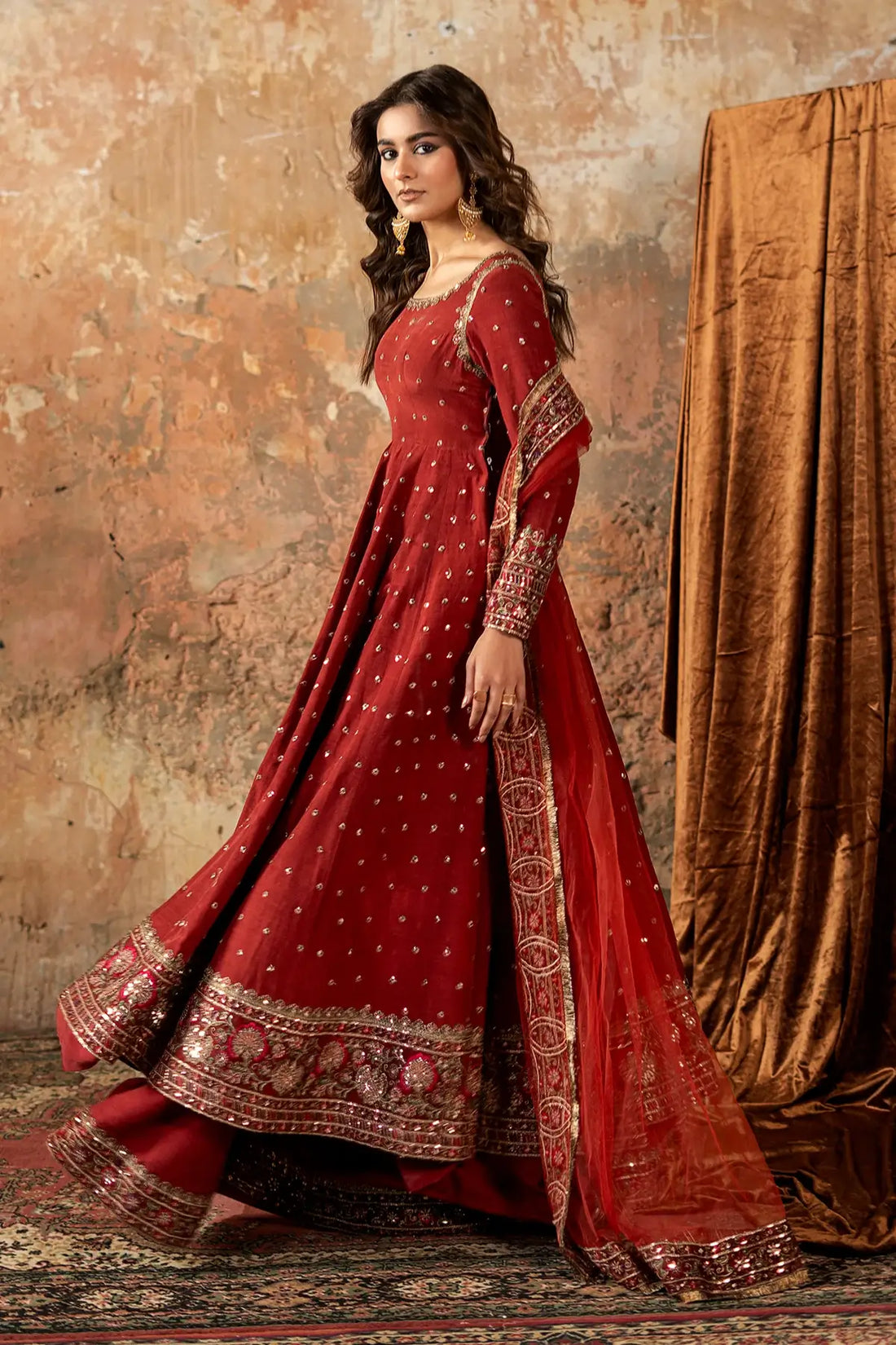 Charizma CMA-5-143 rust silk hand-embellished pishwas with sharara and net dupatta