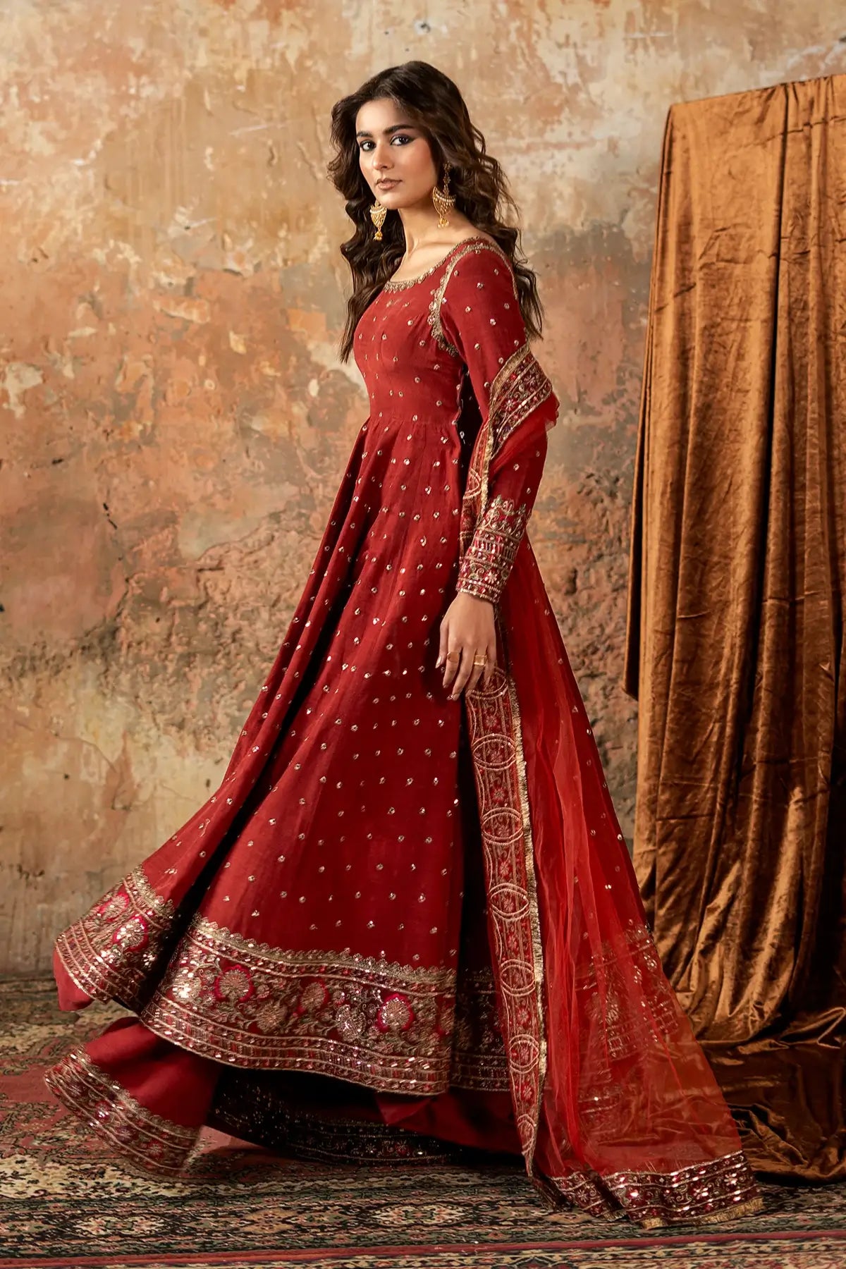 Charizma CMA-5-143 rust silk hand-embellished pishwas with sharara and net dupatta