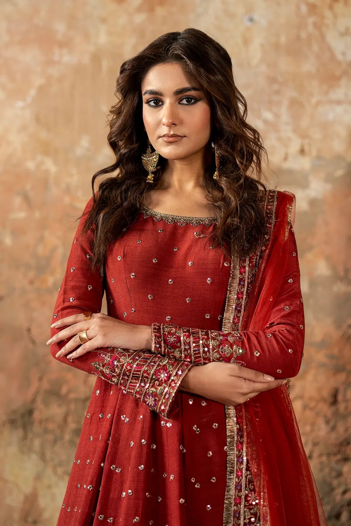 Charizma CMA-5-143 rust silk hand-embellished pishwas with sharara and net dupatta