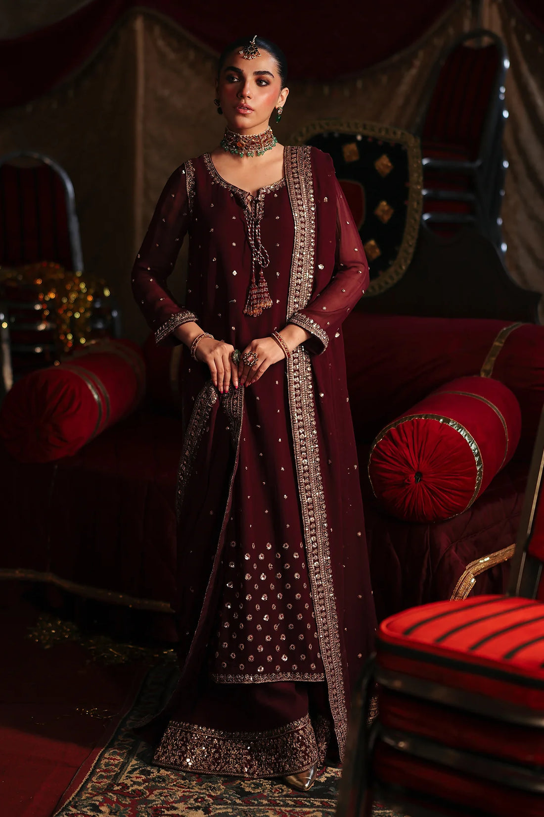 CMA-5-145 Charizma Mi Amor maroon chiffon long shirt with Dhaka pajama and embroidered dupatta, stitched designer suit at Pakistanimoda