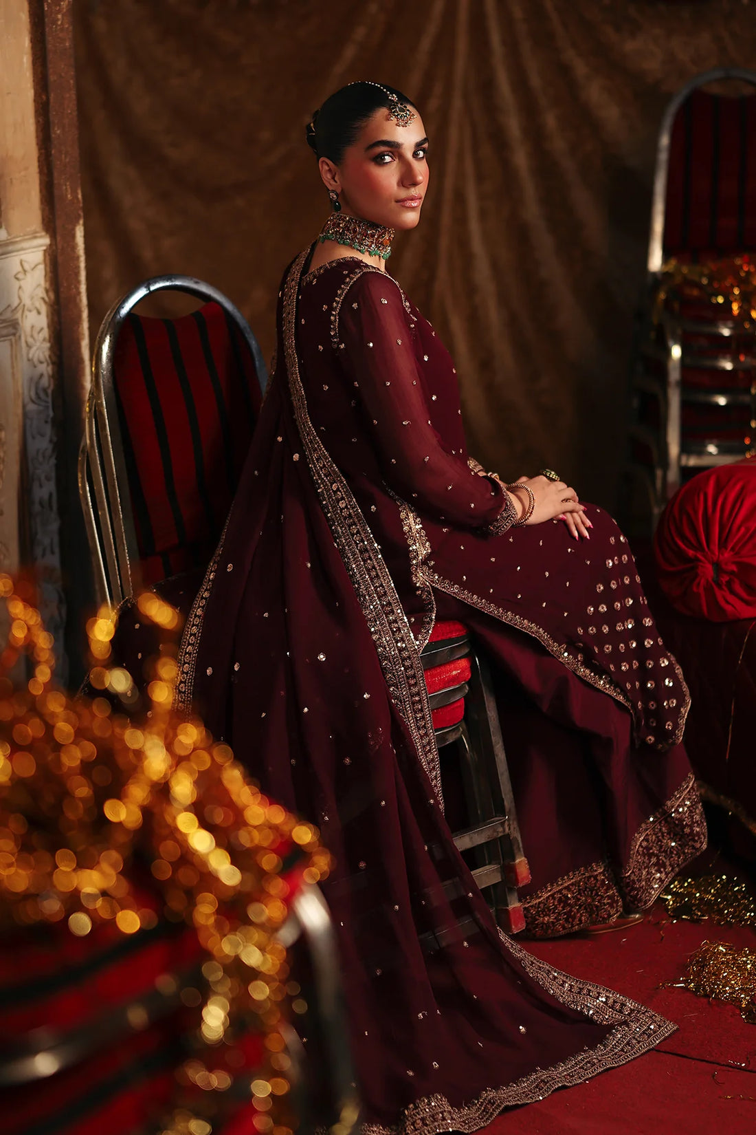 CMA-5-145 Charizma Mi Amor maroon chiffon long shirt with Dhaka pajama and embroidered dupatta, stitched designer suit at Pakistanimoda