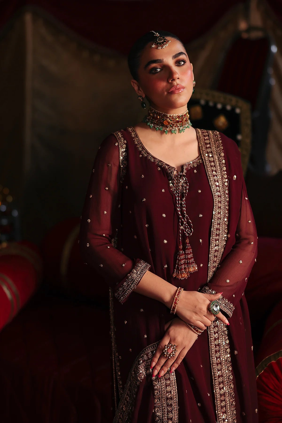 CMA-5-145 Charizma Mi Amor maroon chiffon long shirt with Dhaka pajama and embroidered dupatta, stitched designer suit at Pakistanimoda
