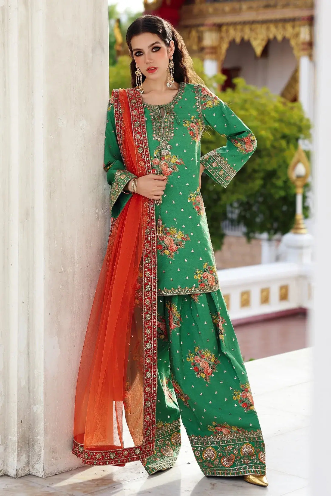 Charizma CMA-5-165 green raw silk embroidered festive wear outfit with net dupatta
