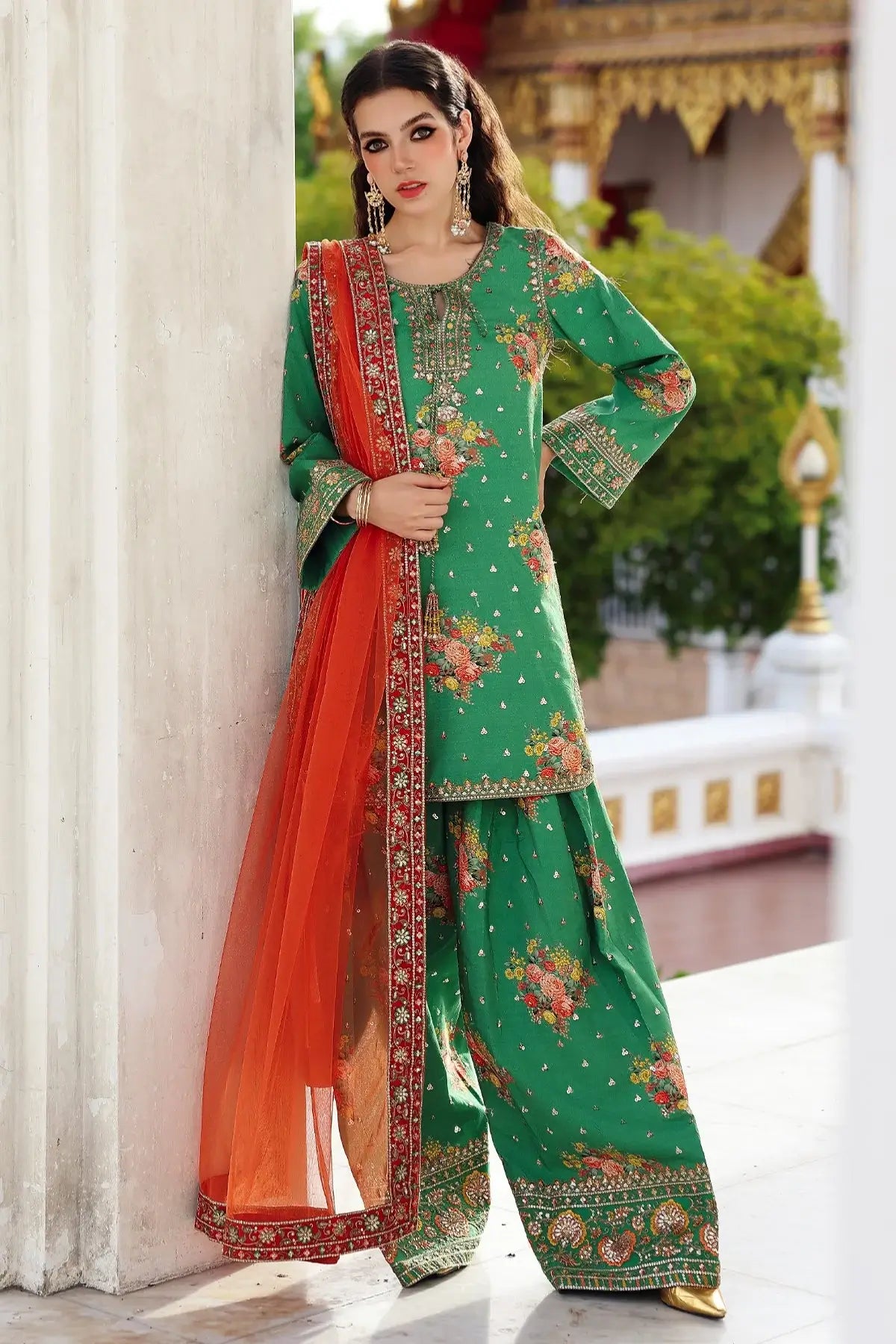 Charizma CMA-5-165 green raw silk embroidered festive wear outfit with net dupatta