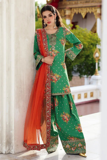 Charizma CMA-5-165 green raw silk embroidered festive wear outfit with net dupatta