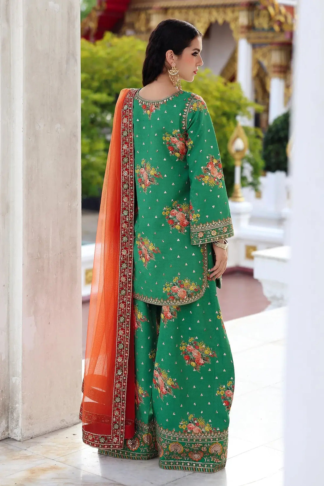 Charizma CMA-5-165 green raw silk embroidered festive wear outfit with net dupatta